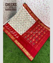 Cream and Red color pochampally ikkat pure silk handloom saree with all over checks and pochampalli ikkat design -PIKP0021161