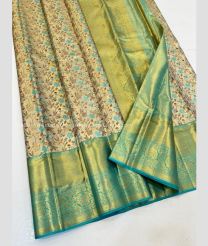 Cream and Blue Turquoise color kanchi pattu handloom saree with all over jari design -KANP0013727