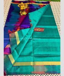 Navy Blue and Turquoise color Kollam Pattu handloom saree with ikkat weaving border design -KOLP0000998