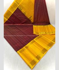 Maroon and Mango Yellow color kuppadam pattu handloom saree with all over jari checks and buties with kuppadam kanchi border design -KUPP0097081