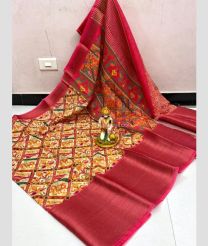 Cream and Deep Pink color linen sarees with all over kalamkari printed with kanchi border design -LINS0003733