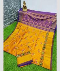 Mango Yellow and Purple color Uppada Soft Silk handloom saree with all over printed design -UPSF0004163