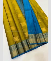 Golden Brown and Blue color kanchi pattu handloom saree with all over big buties design -KANP0013737