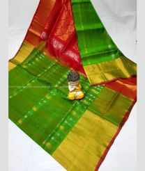 Parrot Green and Orange color uppada pattu handloom saree with all over buties and checks with kaddi border design -UPDP0021188