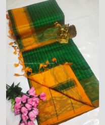 Dark Green and Mango Yellow color Tripura Silk handloom saree with all over mahanati checks with pochampally border design -TRPP0008045