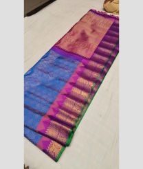 Blue and Magenta color gadwal pattu handloom saree with temple and kuthu border design -GDWP0001751