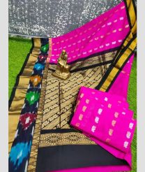 Neon Pink and Black color Chenderi silk handloom saree with all over buties with pochampally border design -CNDP0015927
