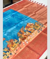 Lite Blue and Copper Red color Banarasi sarees with all over the body with zari work and majestic contrast kalamakri designe print -BANS0018760