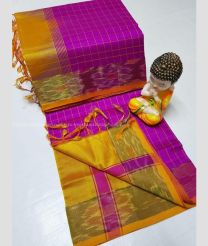 Golden Yellow and Magenta color Tripura Silk handloom saree with all over mahanati checks with pochampalli border design -TRPP0005329