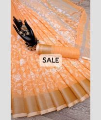 Peach color linen sarees with chikan kari cotton thred work pallu design -LINS0003681