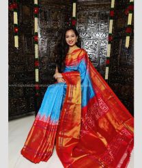 Blue and Red color pochampally ikkat pure silk handloom saree with all over checks with ikkat handmade jaquard border design -PIKP0019859