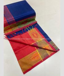 Navy Blue and Tomato Red color Tripura Silk handloom saree with plain and thread woven lines with pochampally border design -TRPP0008018