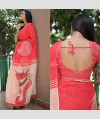 Red and Cream color linen sarees with digital printed design -LINS0003196
