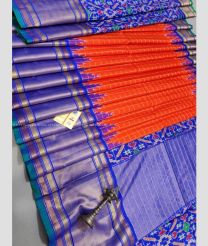 Orange and Royal Blue color pochampally ikkat pure silk handloom saree with all over hand made designer bone checks with hand made jacquard border -PIKP0021624