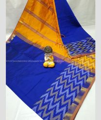 Royal Blue and Mango Yellow color Tripura Silk handloom saree with plain with big pochampally ikkat border design -TRPP0008510