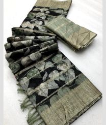 Black and Basil Green color linen sarees with foil lining print with foil printed border design -LINS0003267