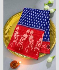 Blue and Red color pochampally Ikkat cotton handloom saree with all over pochampally spl design -PIKT0000616