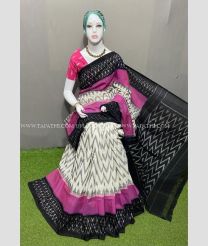 Cream and Black color pochampally Ikkat cotton handloom saree with pochampalli ikkat design saree -PIKT0000371
