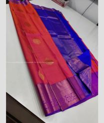 Coral Pink and Royal Blue color kanchi pattu handloom saree with all over big buties with 1g pure jari traditional border design -KANP0013444