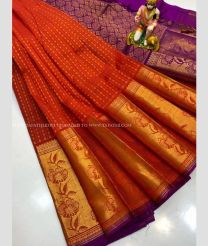 Red and Purple color kuppadam pattu handloom saree with all over checks and buties design -KUPP0096754