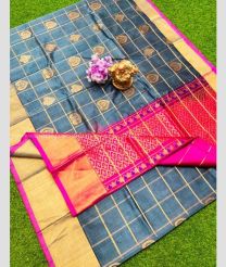 Blue Ivy and Pink color Kollam Pattu handloom saree with all over checks and buties with kaddy border design -KOLP0001675