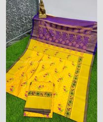 Mango Yellow and Purple color Uppada Soft Silk handloom saree with all over printed design -UPSF0004160