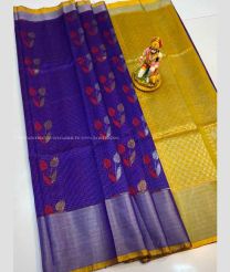 Purple Blue and Mustard Yellow color Kollam Pattu handloom saree with all over buties with jari checks design -KOLP0001756