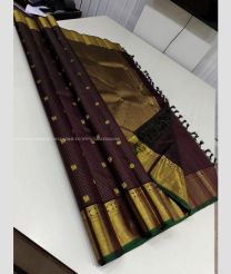 Chocolate and Green color kanchi pattu handloom saree with kaddy border design -KANP0013716