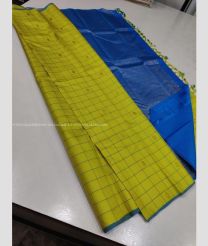 Parrot Green and Blue color kanchi pattu handloom saree with all over checks and buties with 2g pure jari traditional pattern border design -KANP0013191