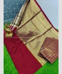 Mustard Yellow and Maroon color Uppada Tissue handloom saree with all over zibra lines with big silk border design -UPPI0001537