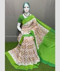 Half White and Parrot Green color pochampally Ikkat cotton handloom saree with pochampalli ikkat design saree -PIKT0000379