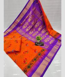 Orange and Purple color Chenderi silk handloom saree with all over printed design with temple border -CNDP0014030