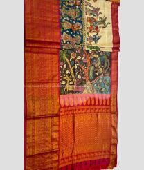 Cream and Red color gadwal pattu handloom saree with kalamkari design saree -GDWP0000738