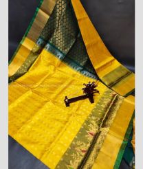 Yellow and Forest Fall Green color uppada pattu handloom saree with all over buties with anchulatha border design -UPDP0021162