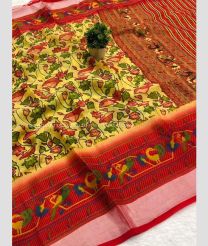 Yellow and Red color Organza sarees with all over kalamkari printed with jari border design -ORGS0003136