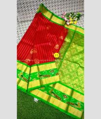 Red and Parrot Green color kuppadam pattu handloom saree with all over buties and pochampally border design -KUPP0083742