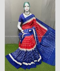 Blue and Red color pochampally Ikkat cotton handloom saree with all over pochampally ikkat design -PIKT0000516