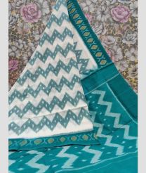 Half White and Teal color pochampally Ikkat cotton handloom saree with printed design saree -PIKT0000303