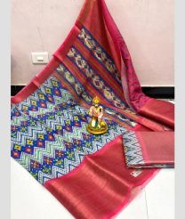 Sky Blue and Pink color linen sarees with all over kalamkari printed with kanchi border design -LINS0003736