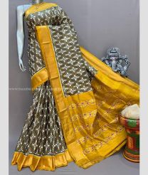 Oak Brown and Yellow color pochampally ikkat pure silk sarees with all over pochampally ikkat design -PIKP0037843