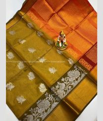 Golden Brown and Orange color mangalagiri pattu handloom saree with all over buties design -MAGP0026211