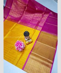 Yellow and Magenta color kuppadam pattu handloom saree with all over buties with kanchi border design -KUPP0096734