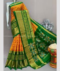 Orange and Green color pochampally ikkat pure silk sarees with all over pochampally ikkat design -PIKP0037838