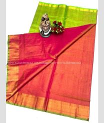 Parrot Green and Tomato Red color Uppada Tissue handloom saree with plain with kaddi border design -UPPI0001720