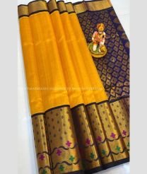 Mango Yellow and Navy Blue color kuppadam pattu handloom saree with kanchi border design -KUPP0097133