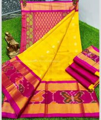 Yellow and Magenta color Kollam Pattu handloom saree with plain with pochampalli border design -KOLP0001457