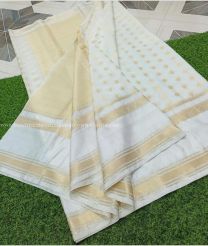 Half White and Lite Golden color Banarasi sarees with all over butis water zari lataste design weaving soft contrast pattu border -BANS0002678