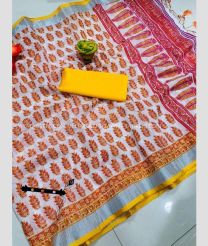 Cream and Mustard Yellow color linen sarees with 3 and 3 silver pure zari patta with kolkata hand table  printed design -LINS0002940