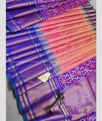 Coral Pink and Purple color pochampally ikkat pure silk handloom saree with all over hand made designer bone checks with hand made jacquard border -PIKP0021621