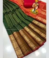 Forest Fall Green and Red color kuppadam pattu handloom saree with all over checks and buties design -KUPP0096748